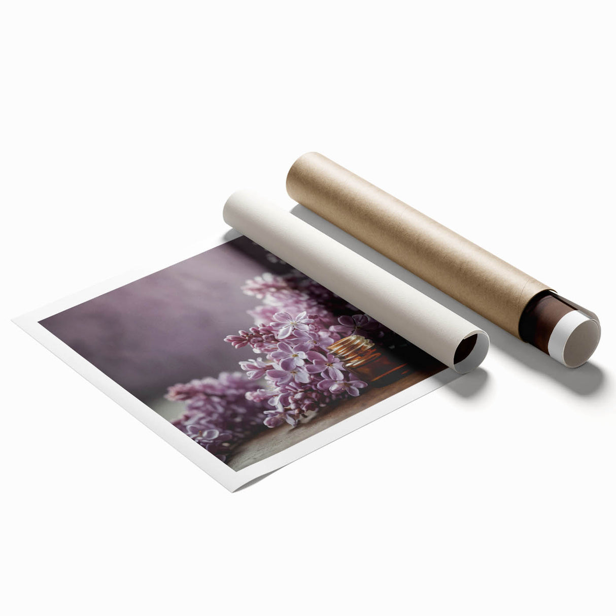 Botanical wall art print featuring vibrant lilacs in shades of purple and green, ideal for home decor. Rolled for easy framing and display.
