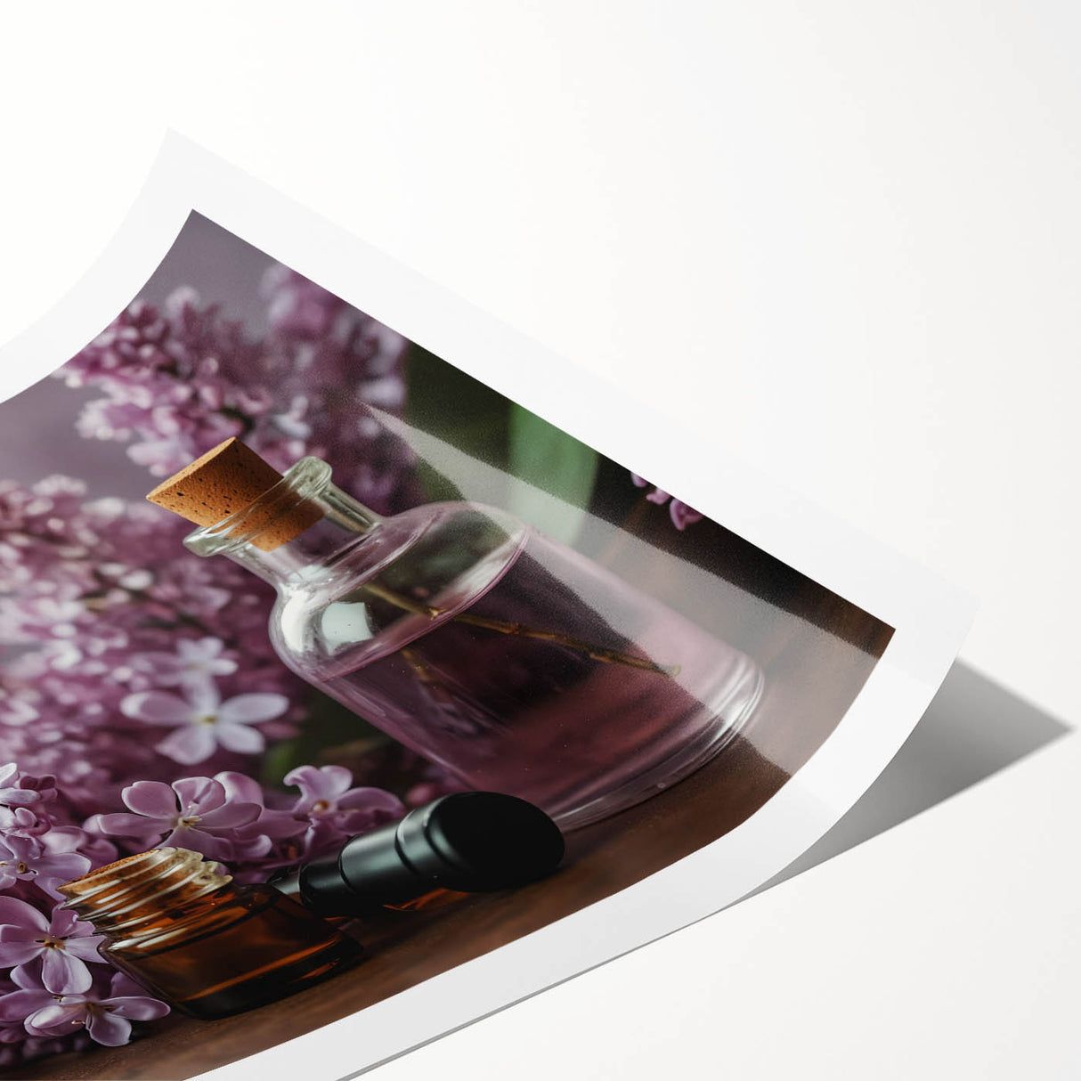 Lilac botanical wall art print featuring vibrant purple flowers against a soft pastel background, rolled and ready for framing, ideal for home decor.