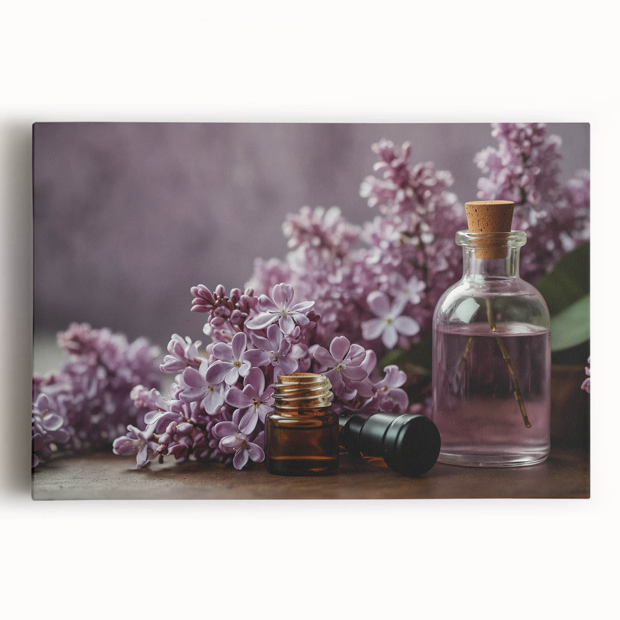 Stretched canvas wall art featuring a vibrant lilac botanical design, showcasing delicate floral details and soft pastel colors, perfect for home decor.