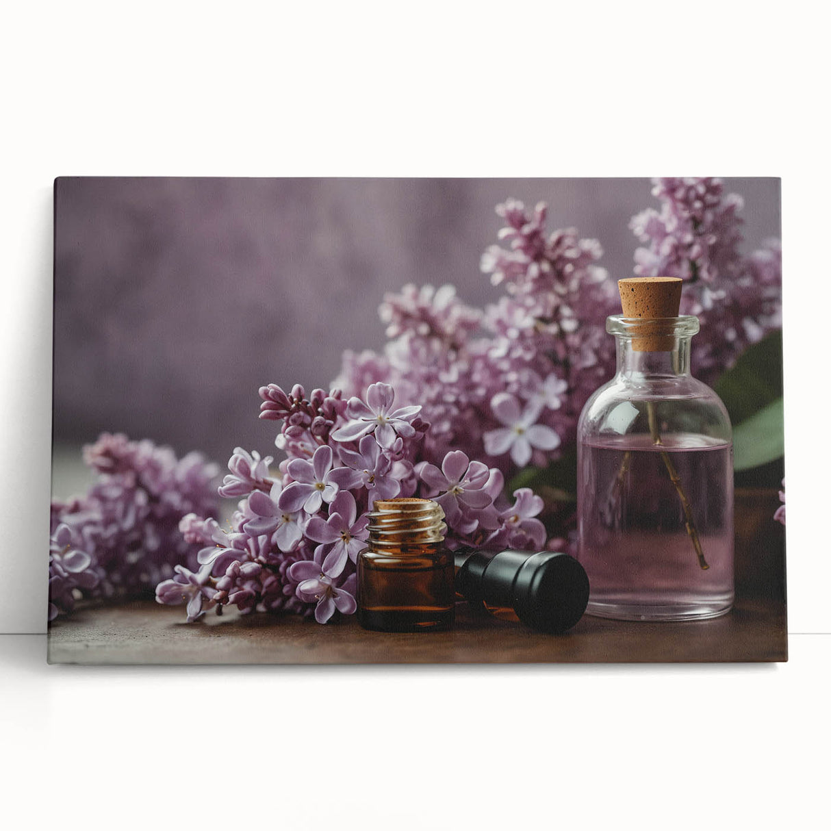 Stretched canvas wall art featuring a serene lilac floral design, showcasing soft purple hues and delicate botanical details, perfect for home decor enhancement.