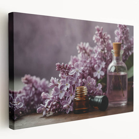 Stretched canvas wall art showcasing a vibrant lilac floral design, featuring rich purple hues and intricate botanical details, perfect for home decor.