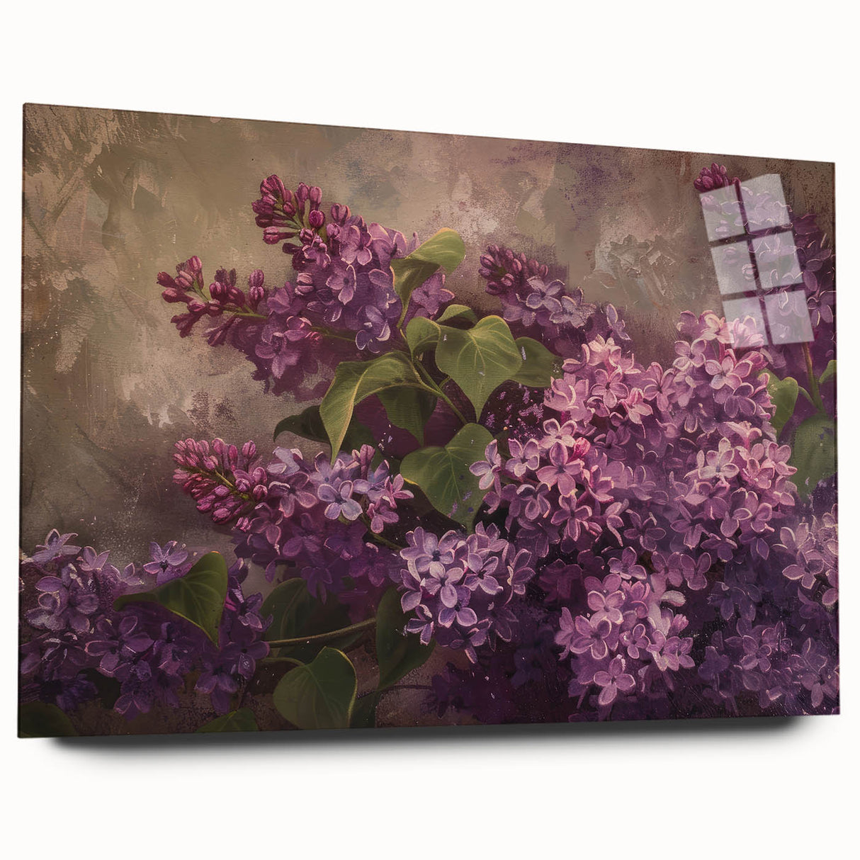 Vibrant acrylic glass wall art showcasing a botanical lilacs design, elegantly displayed in a side view. Ideal for enhancing home decor with floral aesthetics.
