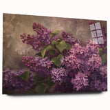 Vibrant acrylic glass wall art showcasing a botanical lilacs design, elegantly displayed in a side view. Ideal for enhancing home decor with floral aesthetics.