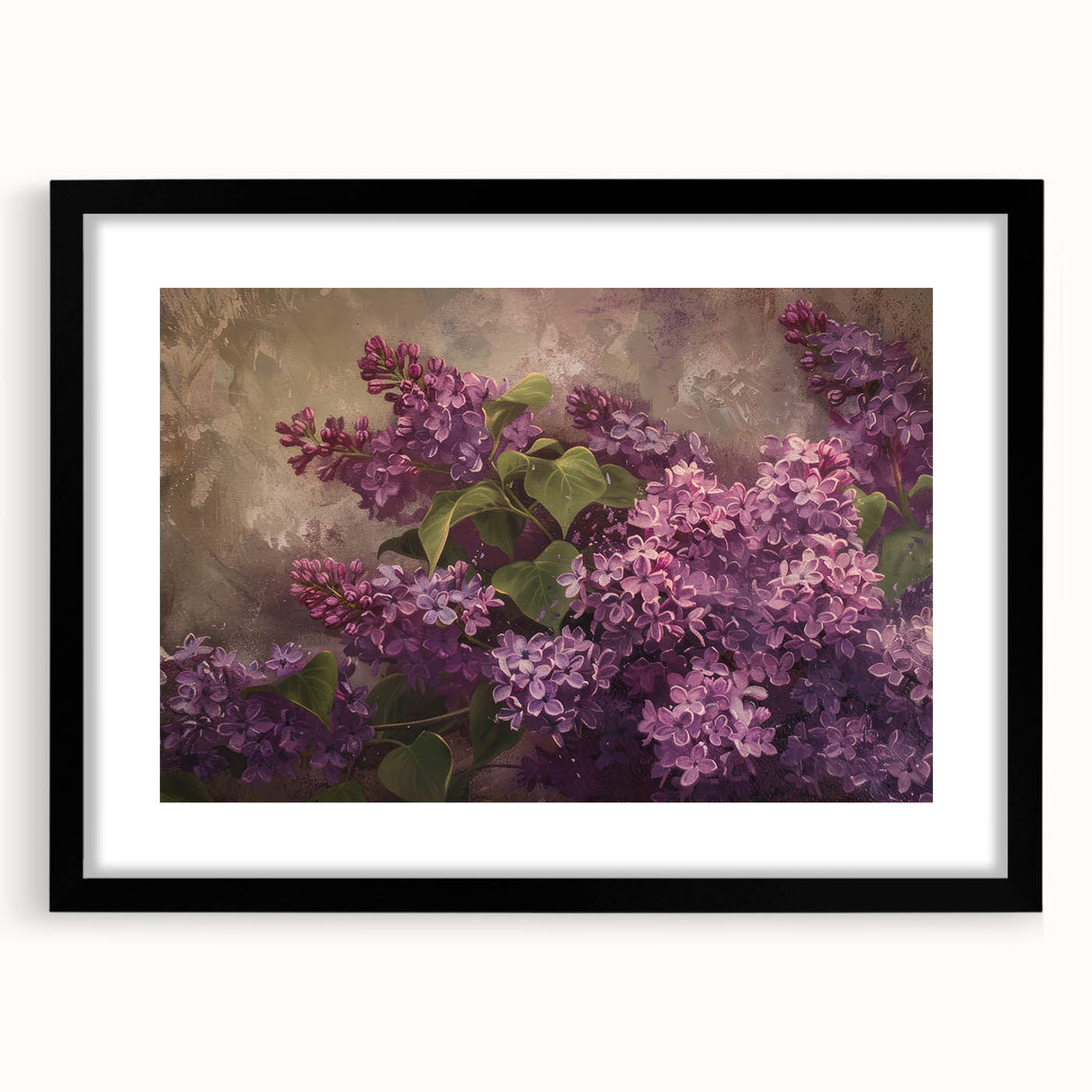 Framed botanical wall art featuring a lilac flower design, presented in a sleek black frame with a mat, ideal for home decor and floral enthusiasts.