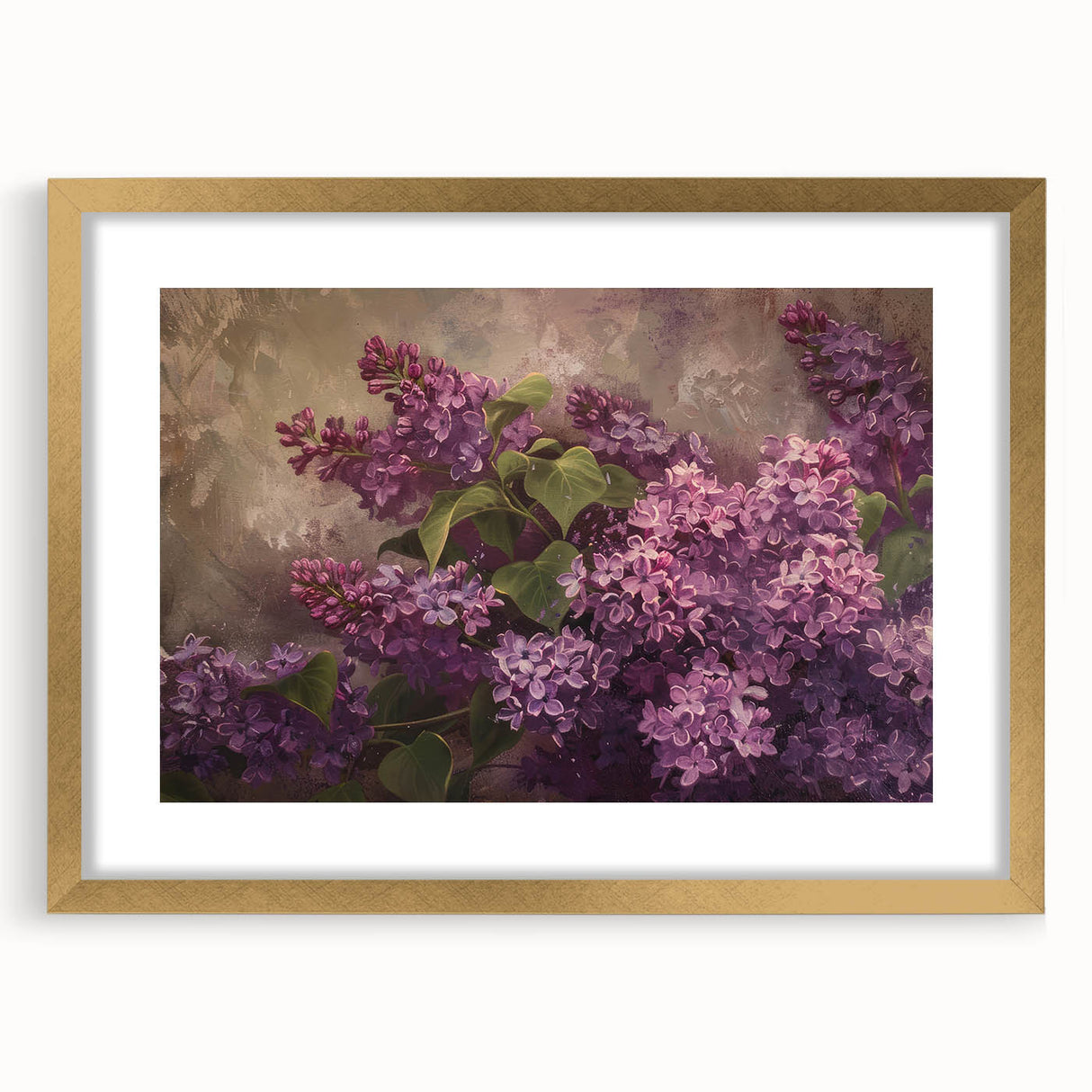 Framed wall art featuring a botanical design of lilacs in soft purple and green hues, elegantly matted and bordered with gold, perfect for home decor.