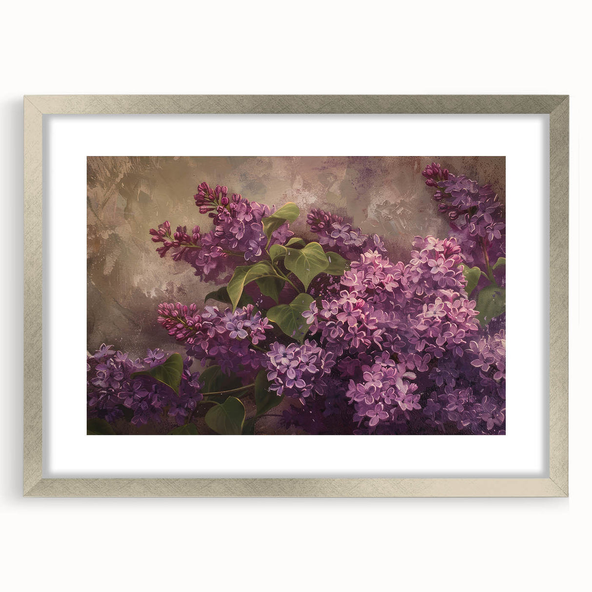 Framed botanical wall art featuring a lilac design with a silver mat, showcasing delicate floral details perfect for home decor and enhancing interior aesthetics.