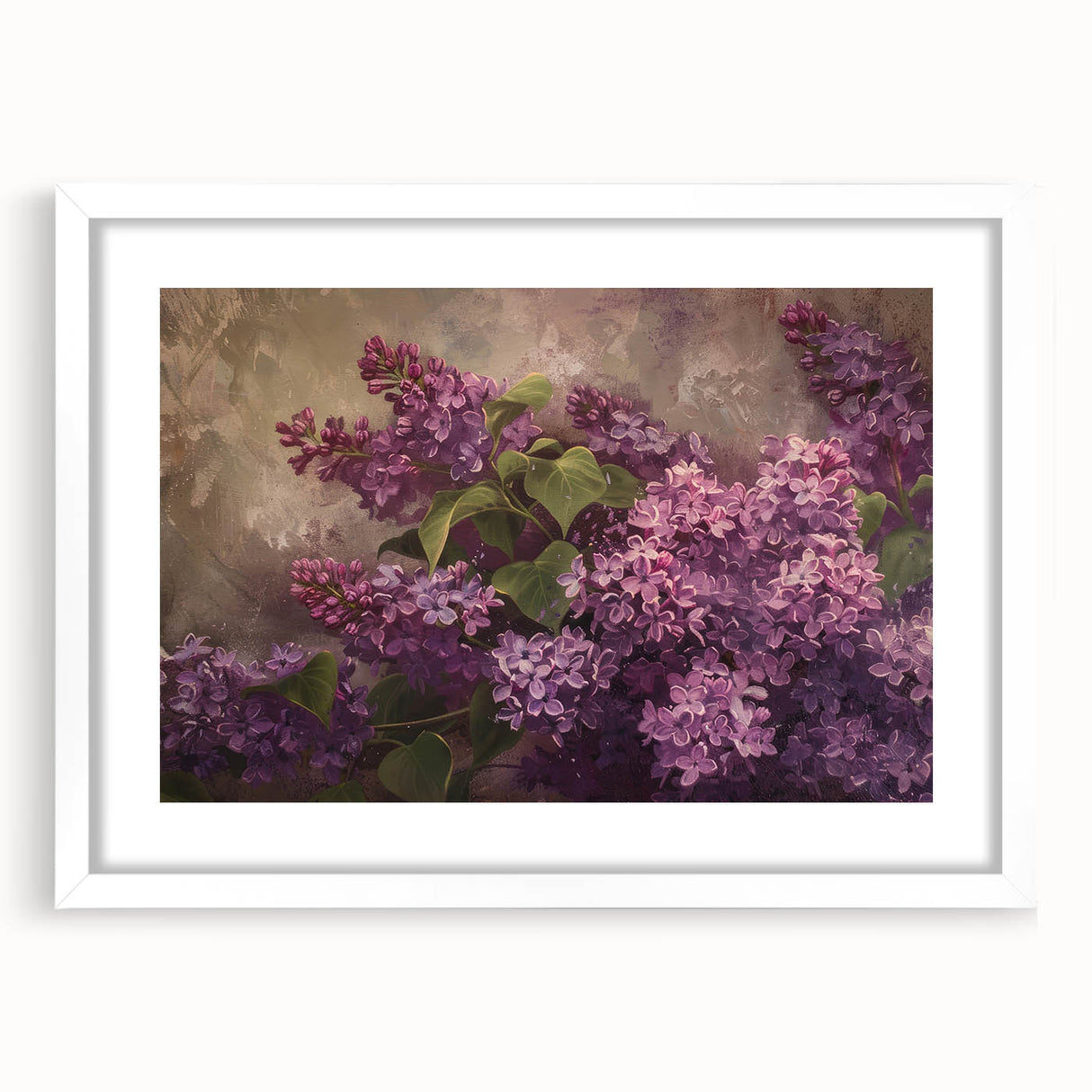 White-framed botanical wall art featuring lilacs in a vibrant, colorful design, perfect for home decor, showcasing elegant floral details and textures.