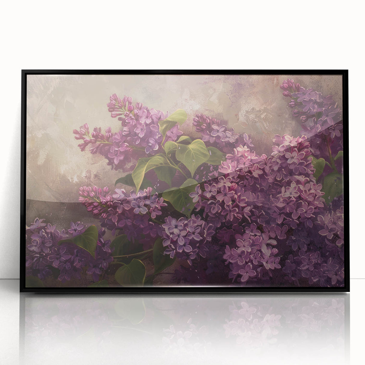 Framed wall art featuring a botanical design of lilacs in vibrant purple and green hues, encased in sleek black acrylic, ideal for home decor and floral enthusiasts.