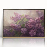Framed wall art featuring a botanical design of lilacs in vibrant purple and green hues, elegantly set in a gold frame, perfect for home decor enhancement.