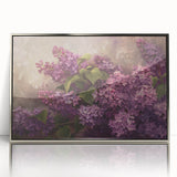 Framed wall art showcasing a vibrant lilac botanical design, featuring intricate floral details and a sleek silver frame, perfect for home decor enhancement.