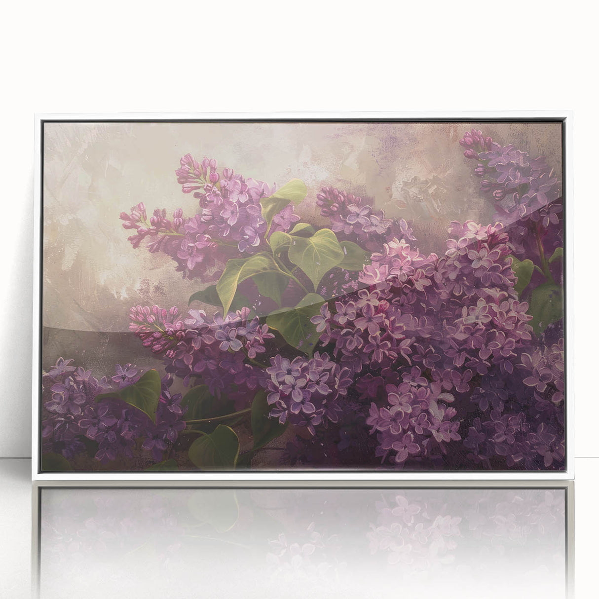 Framed wall art showcasing a vibrant lilac botanical design, featuring intricate floral details in soft purple tones, elegantly displayed in a white frame.