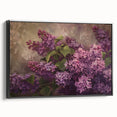 Framed canvas wall art showcasing a botanical design of vibrant lilacs, featuring a sleek black frame and side view perspective, perfect for home decor.