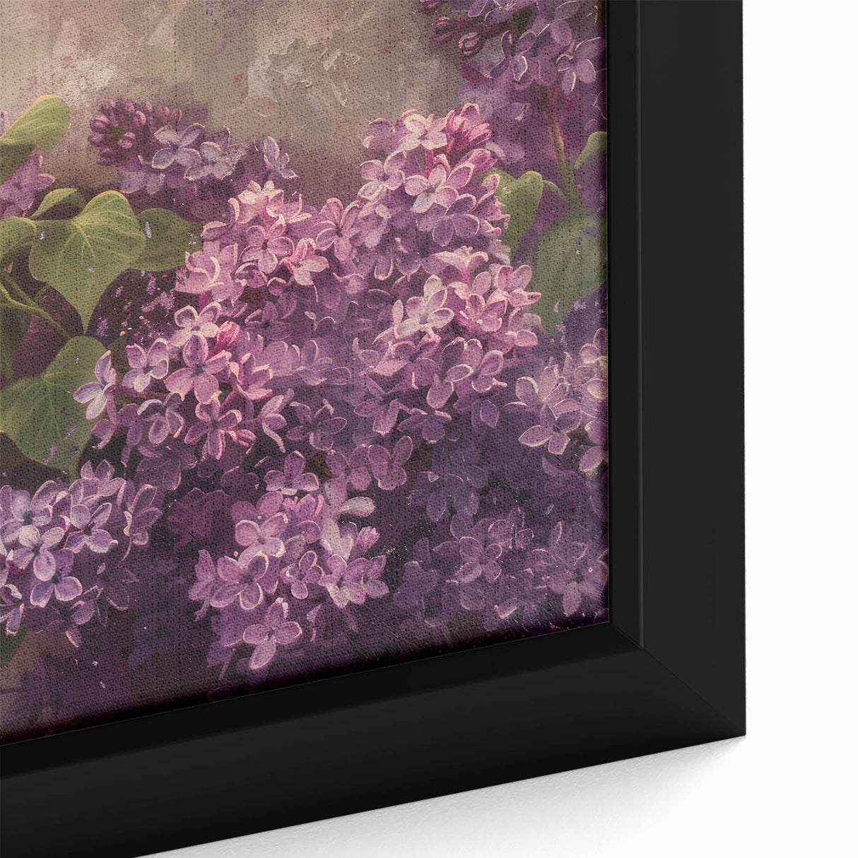 Close-up of a framed canvas wall art featuring vibrant lilacs in a botanical design, showcasing intricate details and rich colors, perfect for floral decor enthusiasts.
