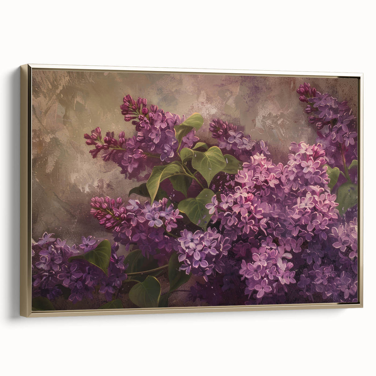 Framed canvas wall art showcasing a vibrant lilac floral design, set in a sleek gold frame. Perfect for home decor, adding elegance and a touch of nature.