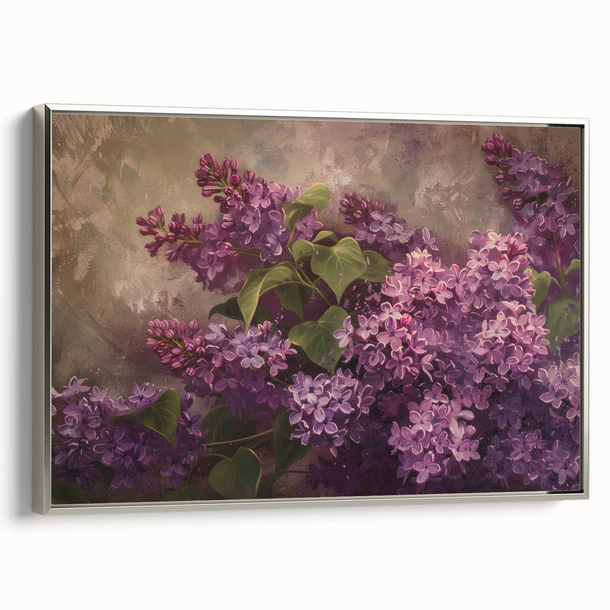 Framed canvas wall art showcasing a botanical lilac design, featuring delicate purple flowers and lush green leaves, elegantly displayed with a sleek silver frame.