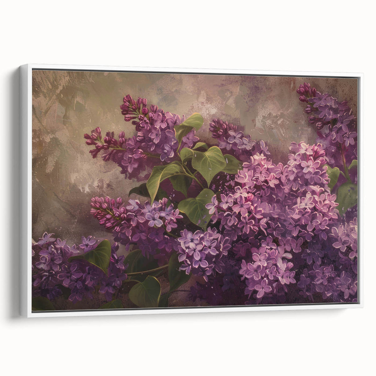 Framed canvas wall art showcasing a botanical design of lilacs, featuring vibrant purple and white flowers against a sleek white background, ideal for home decor.