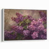 Framed canvas wall art showcasing a botanical design of lilacs, featuring vibrant purple and white flowers against a sleek white background, ideal for home decor.