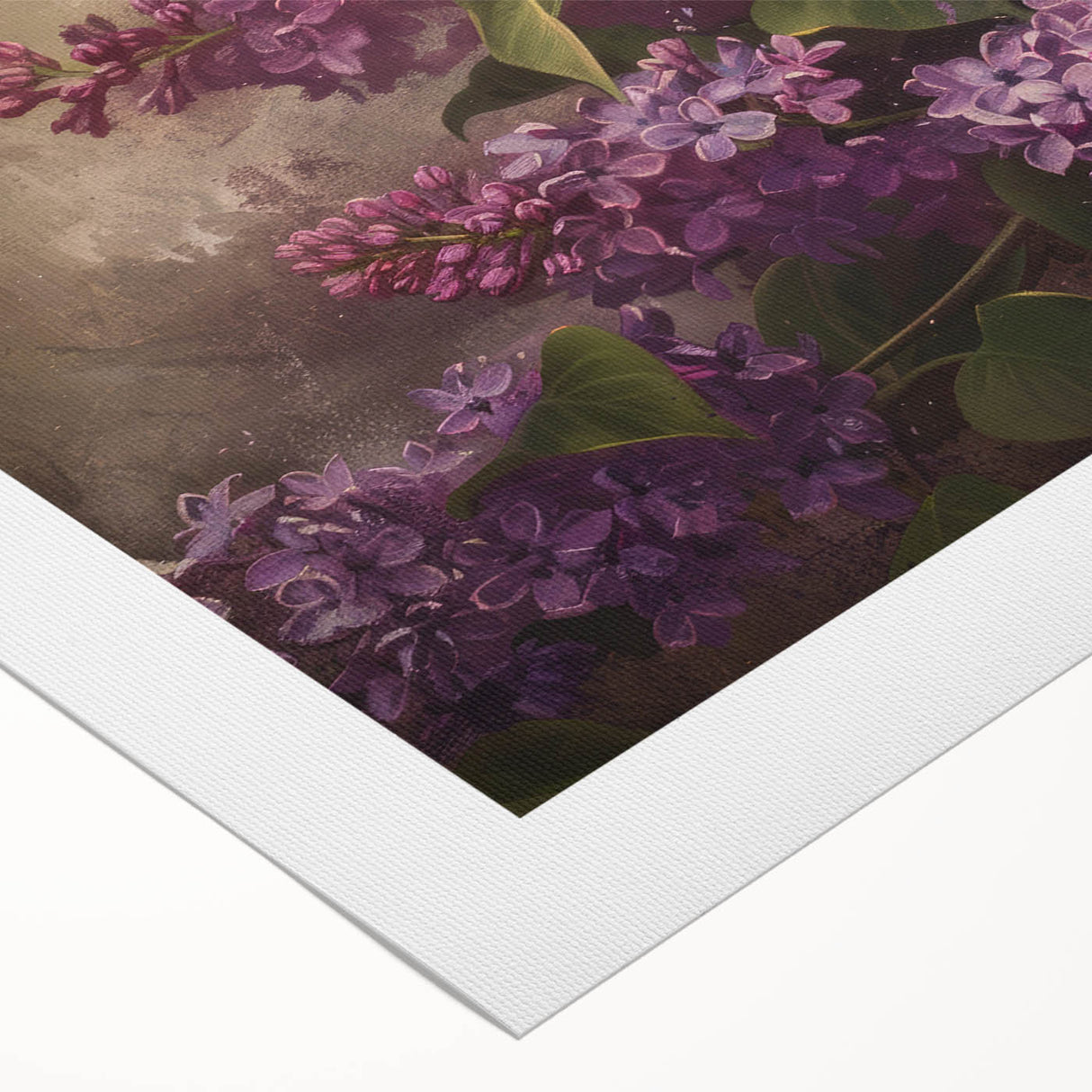Rolled canvas showcasing a vibrant botanical design of lilacs in rich purple and green hues, ideal for home decor, enhancing any living space with nature-inspired art.