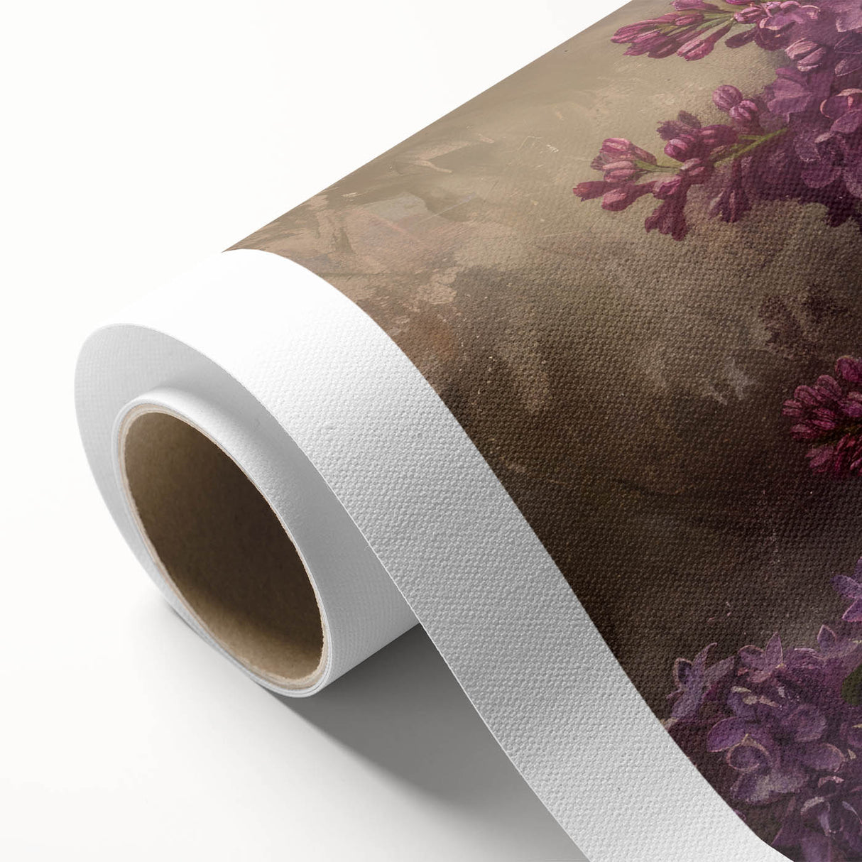 Botanical wall art featuring a vibrant lilac design on rolled canvas, showcasing intricate floral details and rich purple hues, ideal for home decor.