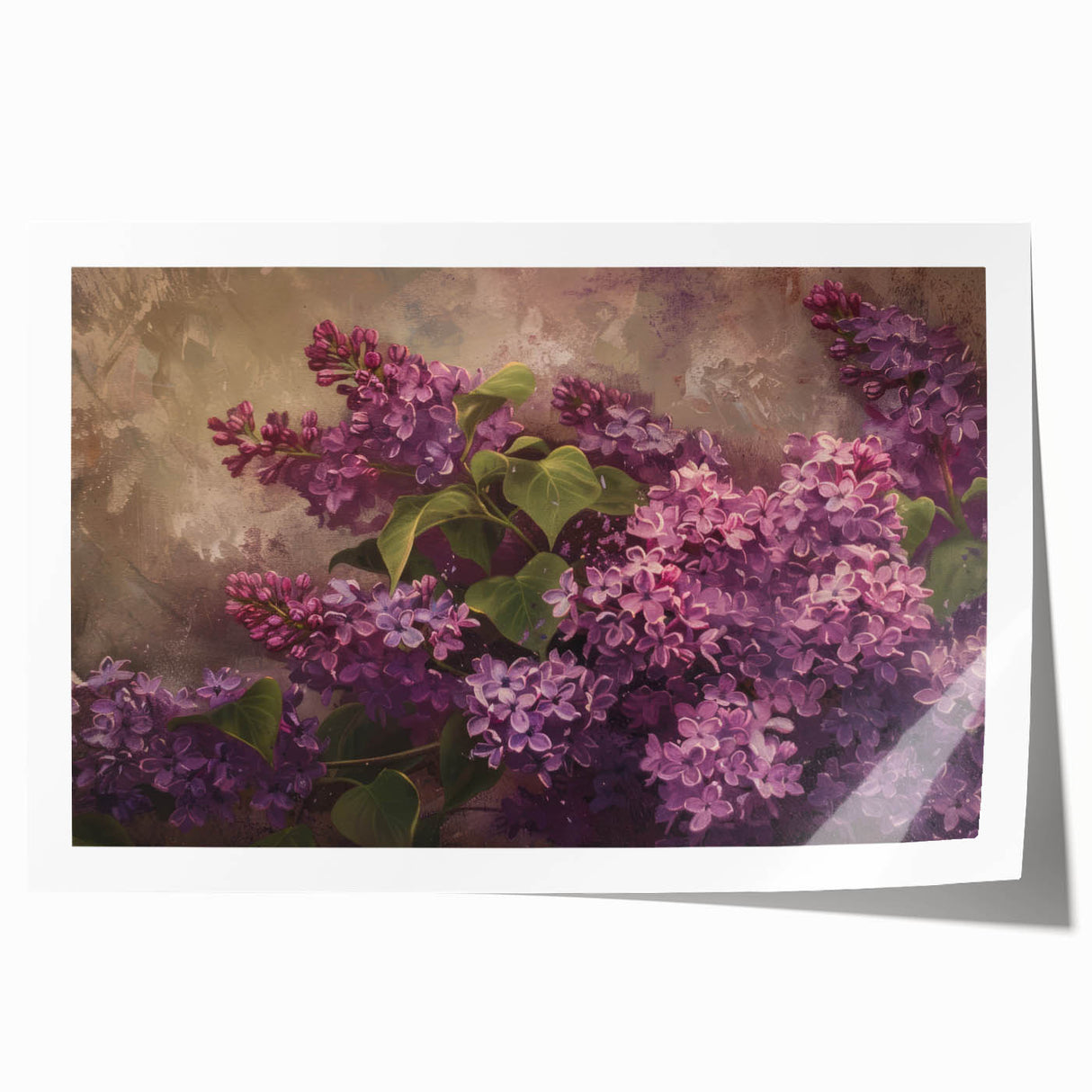 Vibrant botanical wall art print showcasing a beautiful lilac design on a rolled canvas, ideal for home decor, featuring delicate floral details and soft purple hues.