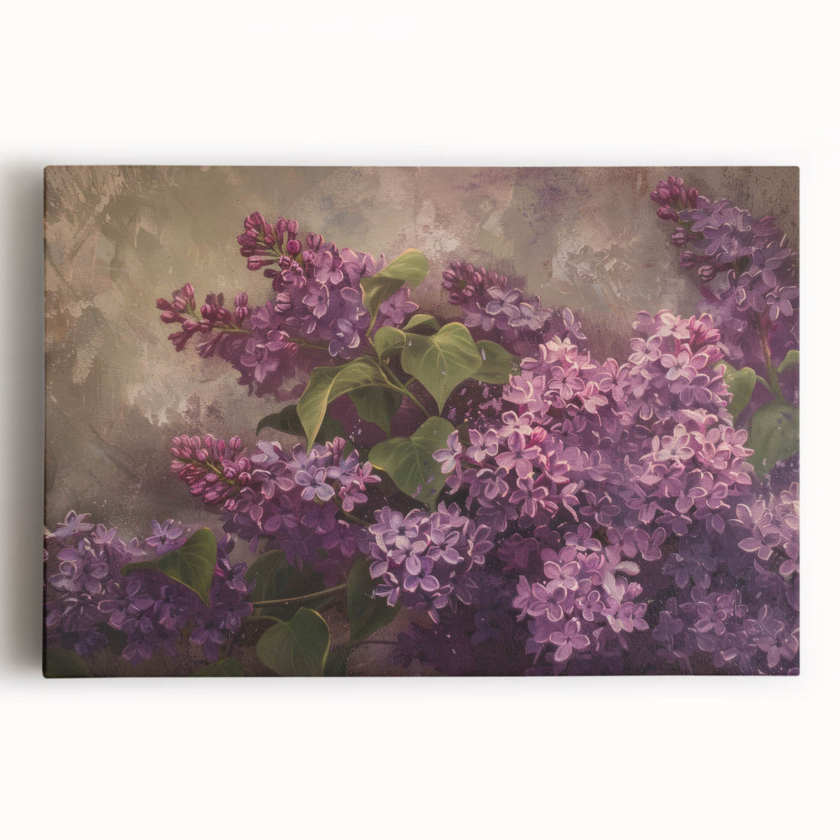 Stretched canvas wall art featuring a beautiful lilac botanical design, showcasing vibrant purple and green hues, perfect for adding a floral touch to home decor.