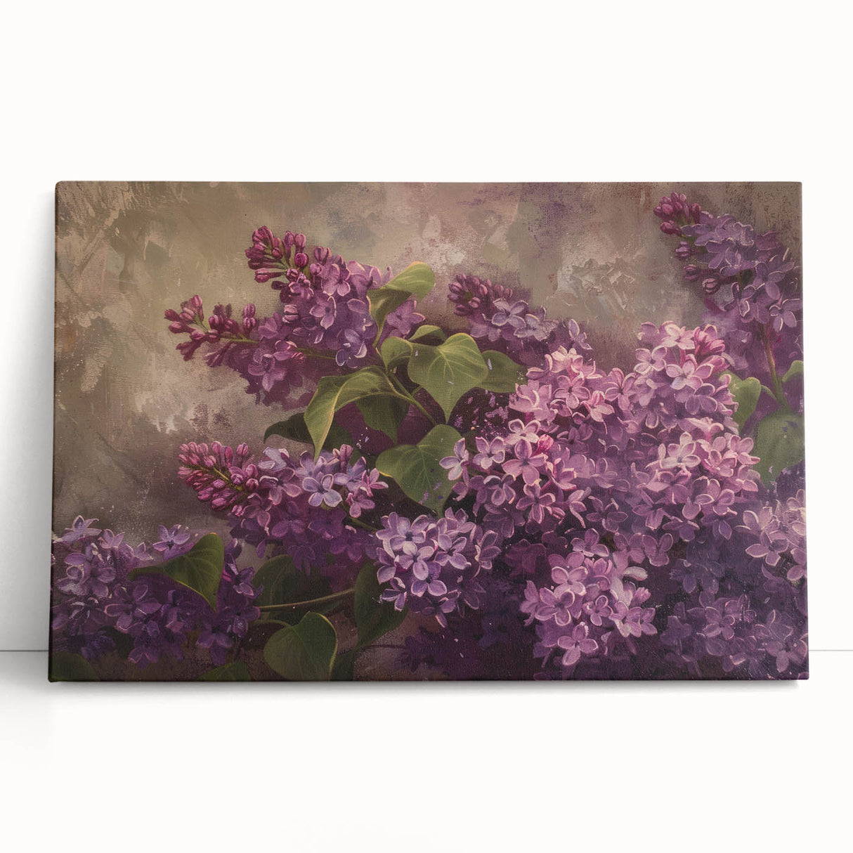 Stretched canvas wall art featuring a vibrant lilac floral design, showcasing rich purple hues and intricate botanical details, perfect for home decor.
