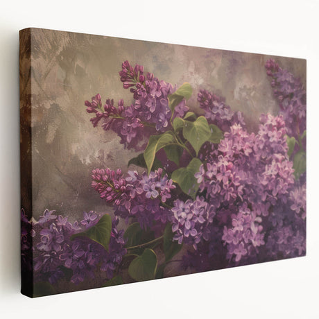 Stretched canvas wall art showcasing a vibrant lilac botanical design, highlighting intricate floral details, perfect for home decor and flower enthusiasts.