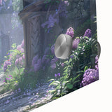 Close-up of a vibrant lilac botanical wall art design displayed on acrylic glass, showcasing intricate floral details and rich colors, perfect for home decor.