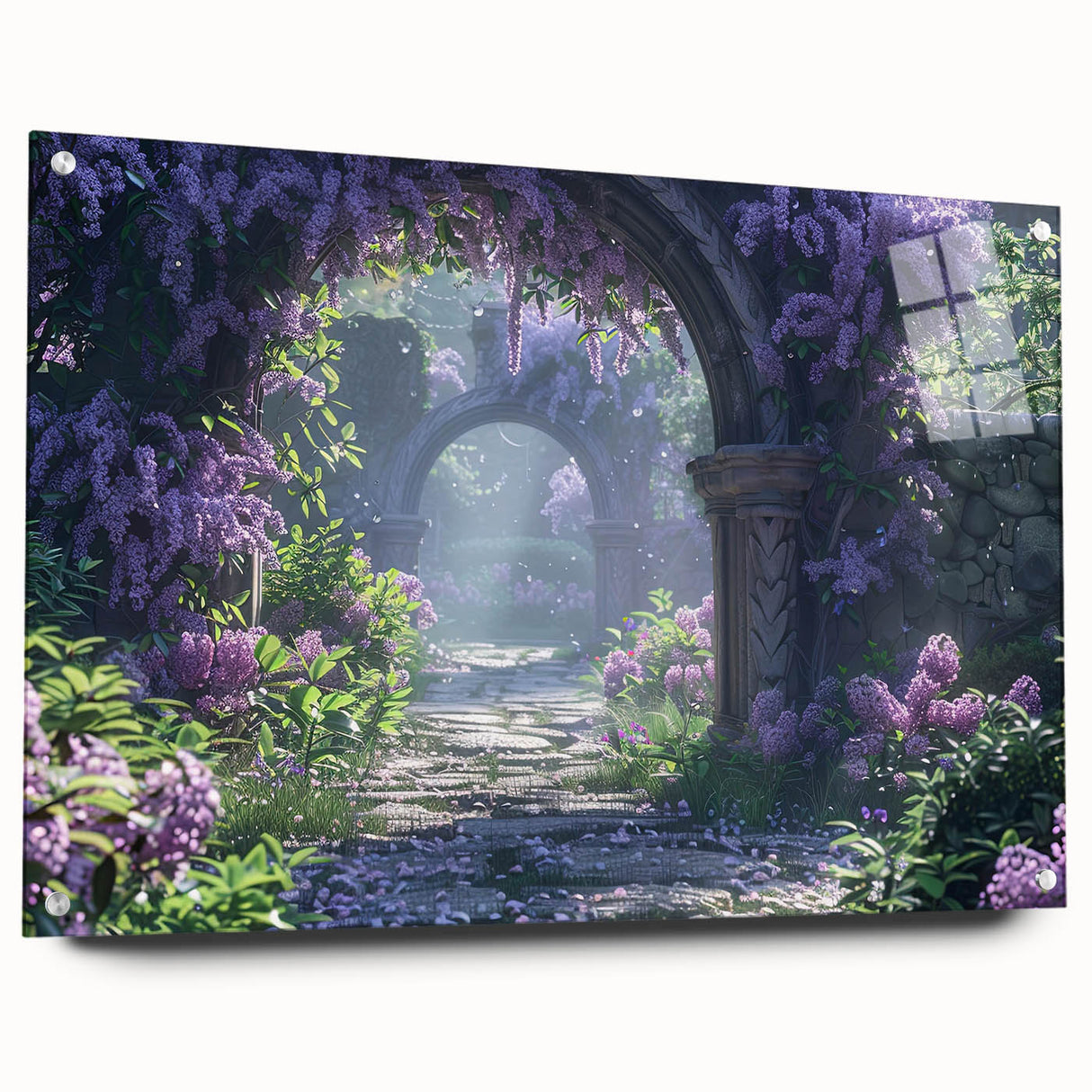 Acrylic glass wall art showcasing a botanical design of lilacs, elegantly displayed from a side view with metallic pins, perfect for brightening home decor.