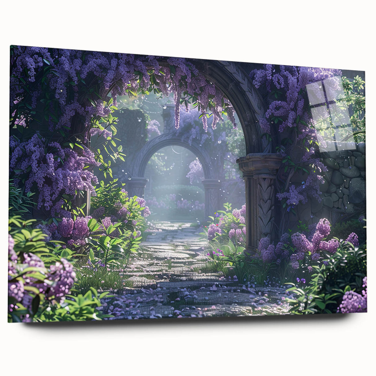 Side view of a botanical wall art collection featuring vibrant lilac flowers displayed in a sleek acrylic frame, ideal for adding a touch of elegance to home decor.