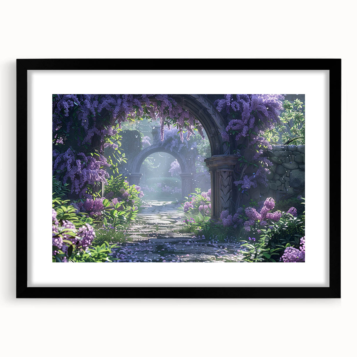 Framed botanical wall art featuring a vibrant lilac design, showcasing intricate floral details and a sleek black frame, ideal for home decor enhancement.