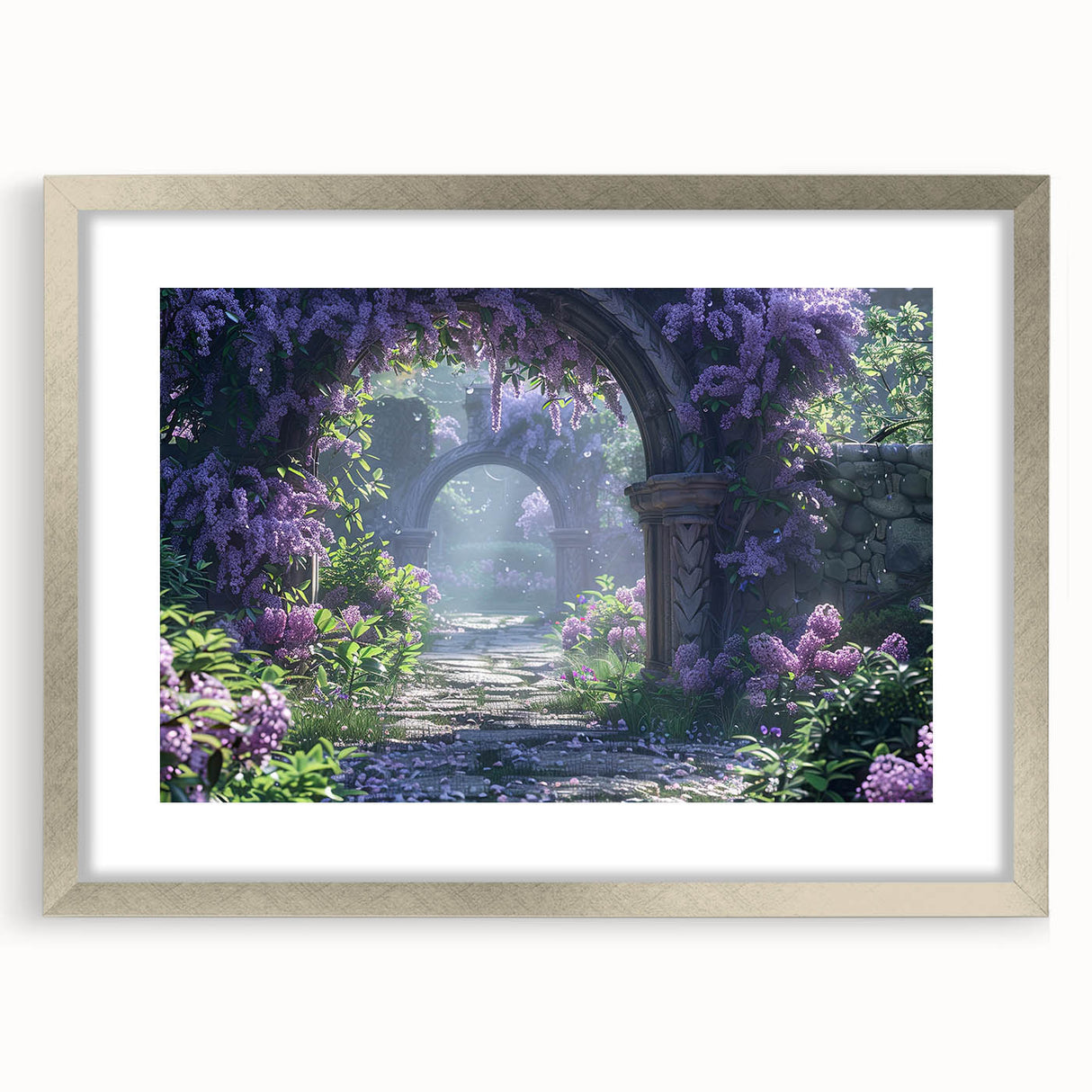 Framed botanical wall art featuring a lilac design, elegantly matted and presented in a sleek silver frame, perfect for enhancing home decor.