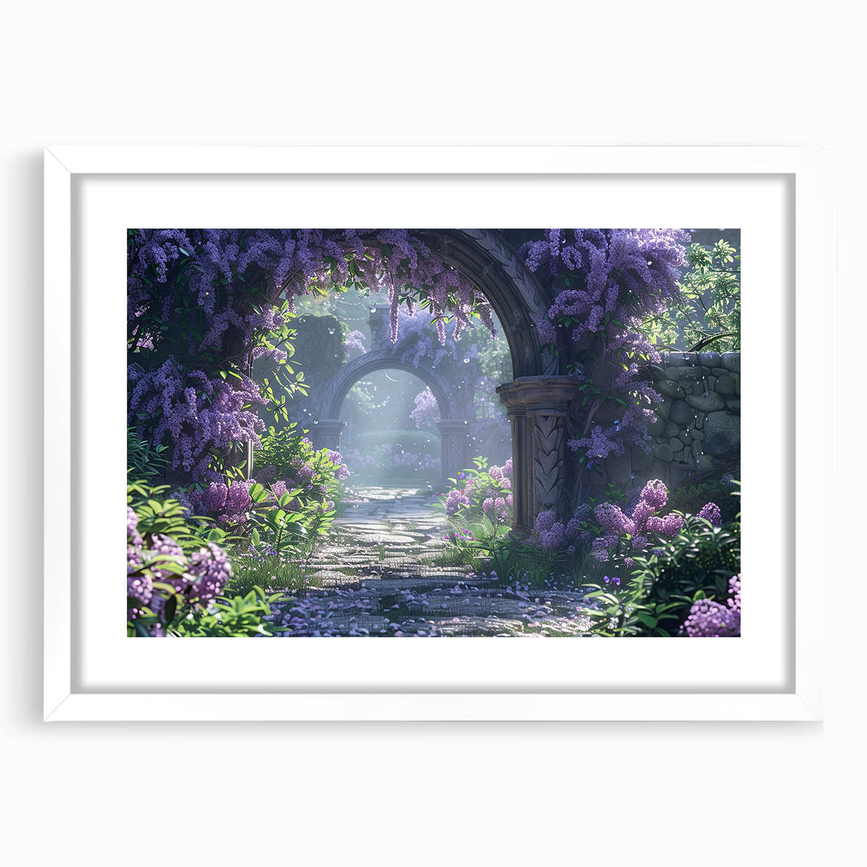 Framed botanical wall art print showcasing vibrant lilacs, set in a sleek white frame with a mat, perfect for enhancing home decor and adding a touch of nature.