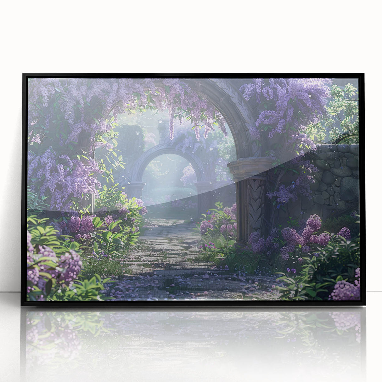Framed wall art collection featuring a vibrant lilac botanical design, showcased in a sleek black frame, ideal for enhancing home decor with floral elegance.