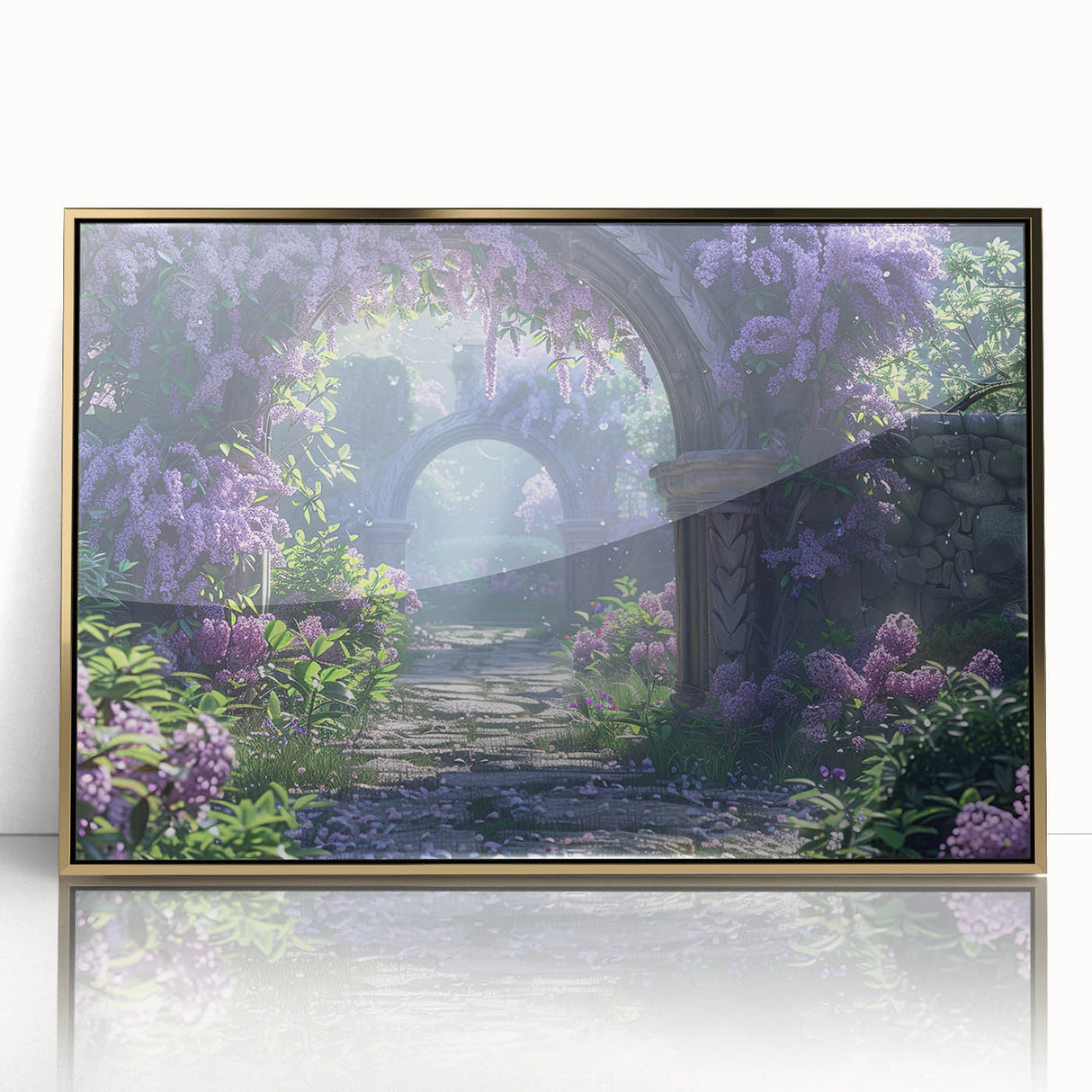 Framed wall art showcasing a botanical design of lilacs with a gold-acrylic finish. This elegant piece enhances home decor with floral beauty and sophistication.