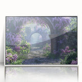 Framed acrylic wall art featuring a botanical lilac design, showcasing vibrant purple flowers with green leaves, perfect for home decor accents.