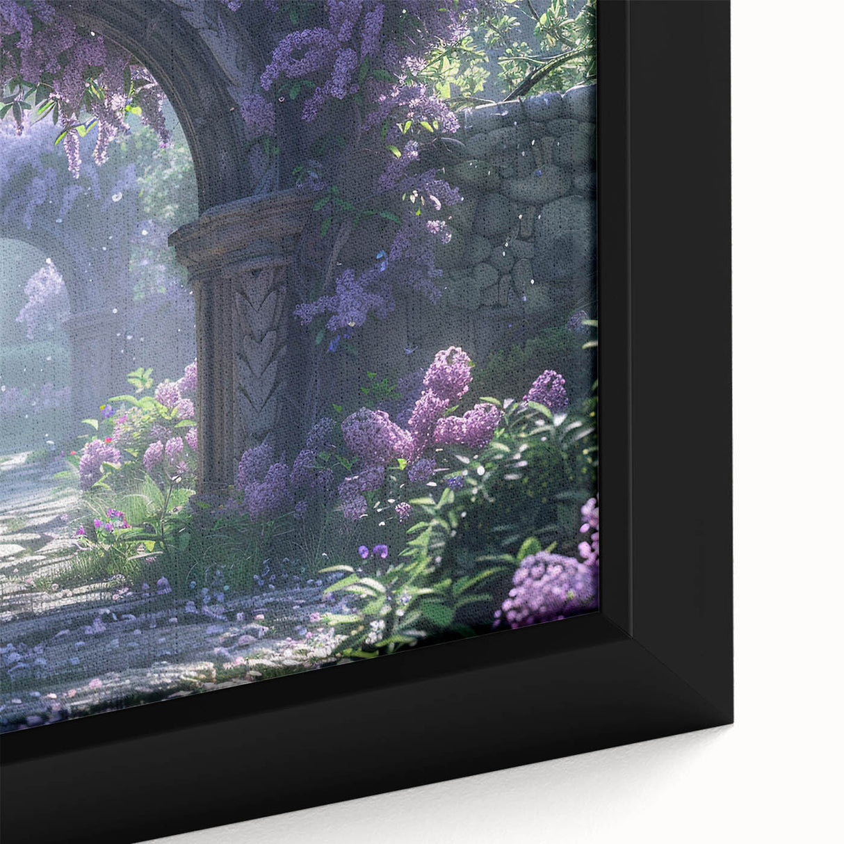 Close-up of a beautifully framed lilac botanical wall art piece showcasing intricate floral details, vibrant purple hues, and delicate textures, perfect for home decor.