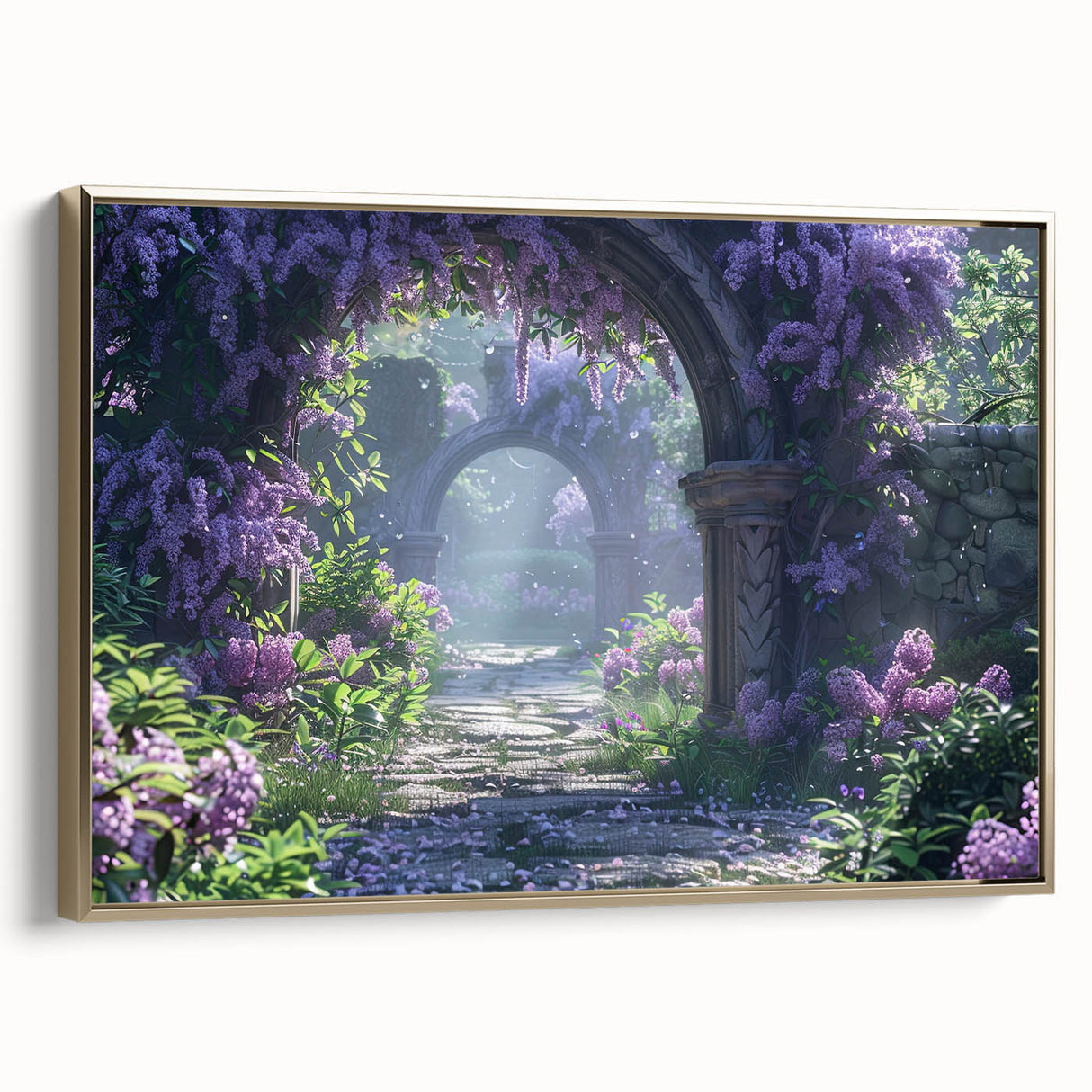 Framed wall art featuring a vibrant lilac botanical design on canvas, showcased from a side view with a stylish gold frame, perfect for home decor enhancement.