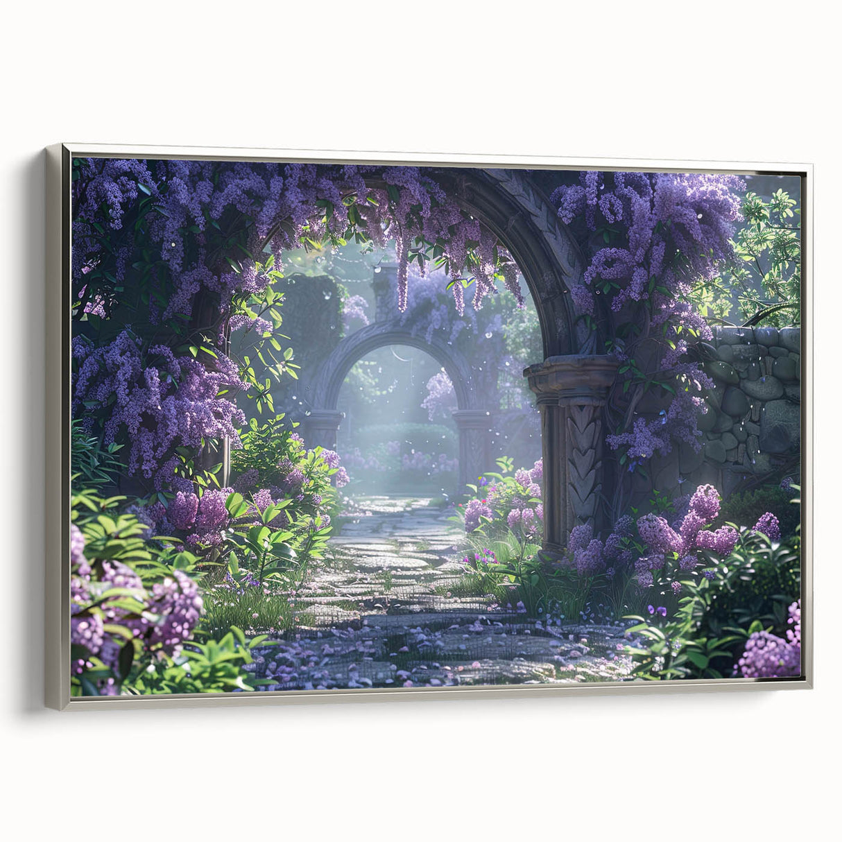 Framed wall art featuring a botanical design of lilacs in soft purple hues, elegantly displayed with a silver frame, perfect for enhancing home decor.