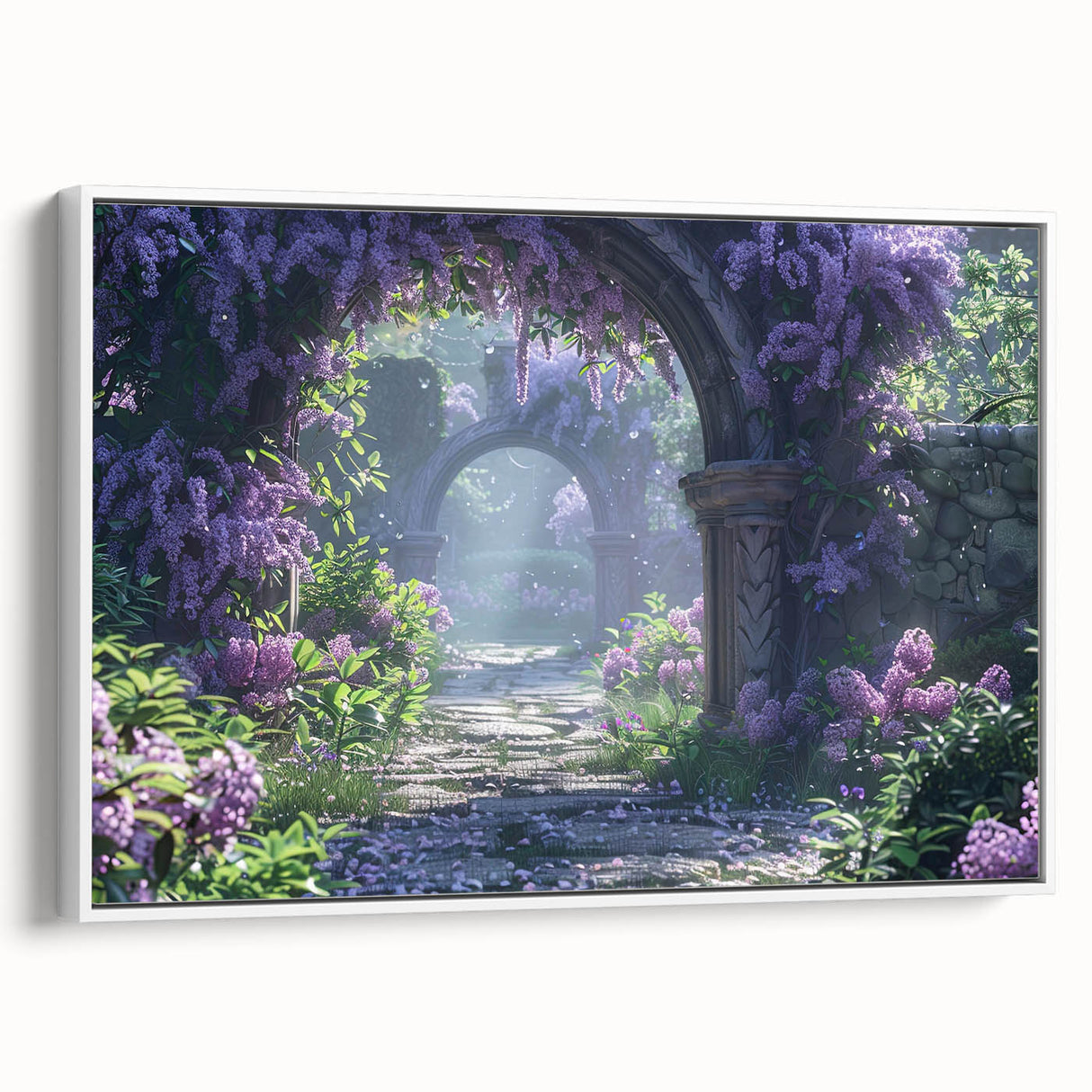 Framed canvas wall art showcasing a botanical design of lilacs with soft purple tones and a white frame, ideal for adding a touch of nature to home decor.