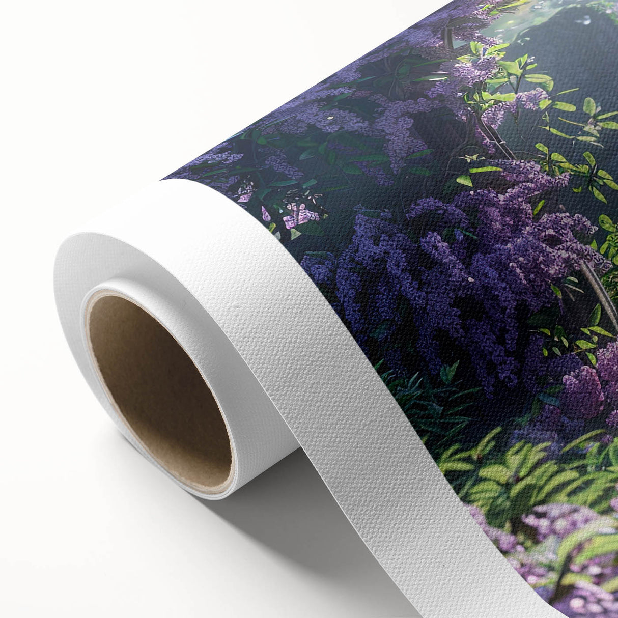 Vibrant rolled canvas artwork showcasing a botanical design of lilacs in various shades of purple and green, perfect for home decor and floral enthusiasts.