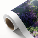 Vibrant rolled canvas artwork showcasing a botanical design of lilacs in various shades of purple and green, perfect for home decor and floral enthusiasts.