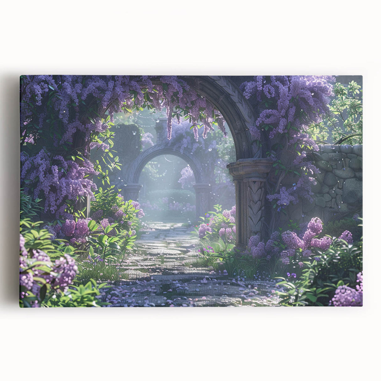 Stretched canvas wall art featuring a vibrant lilac botanical design, showcasing delicate flowers in shades of purple and green, perfect for home décor.
