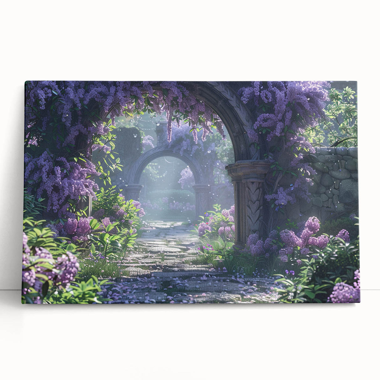 Vibrant botanical wall art featuring lilacs in a contemporary design on stretched canvas, elegantly leaning against a neutral background, perfect for home decor.