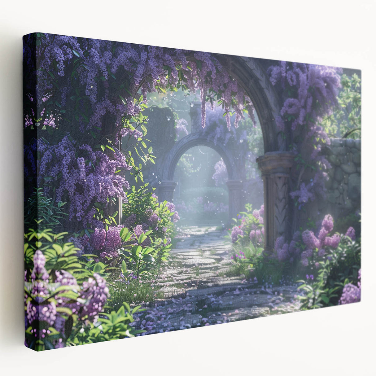 Stretched canvas wall art showcasing a botanical design of vibrant lilacs, emphasizing intricate floral details and rich colors, perfect for home decor enhancement.
