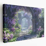 Stretched canvas wall art showcasing a botanical design of vibrant lilacs, emphasizing intricate floral details and rich colors, perfect for home decor enhancement.