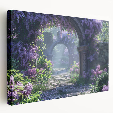 Stretched canvas wall art showcasing a botanical design of vibrant lilacs, emphasizing intricate floral details and rich colors, perfect for home decor enhancement.