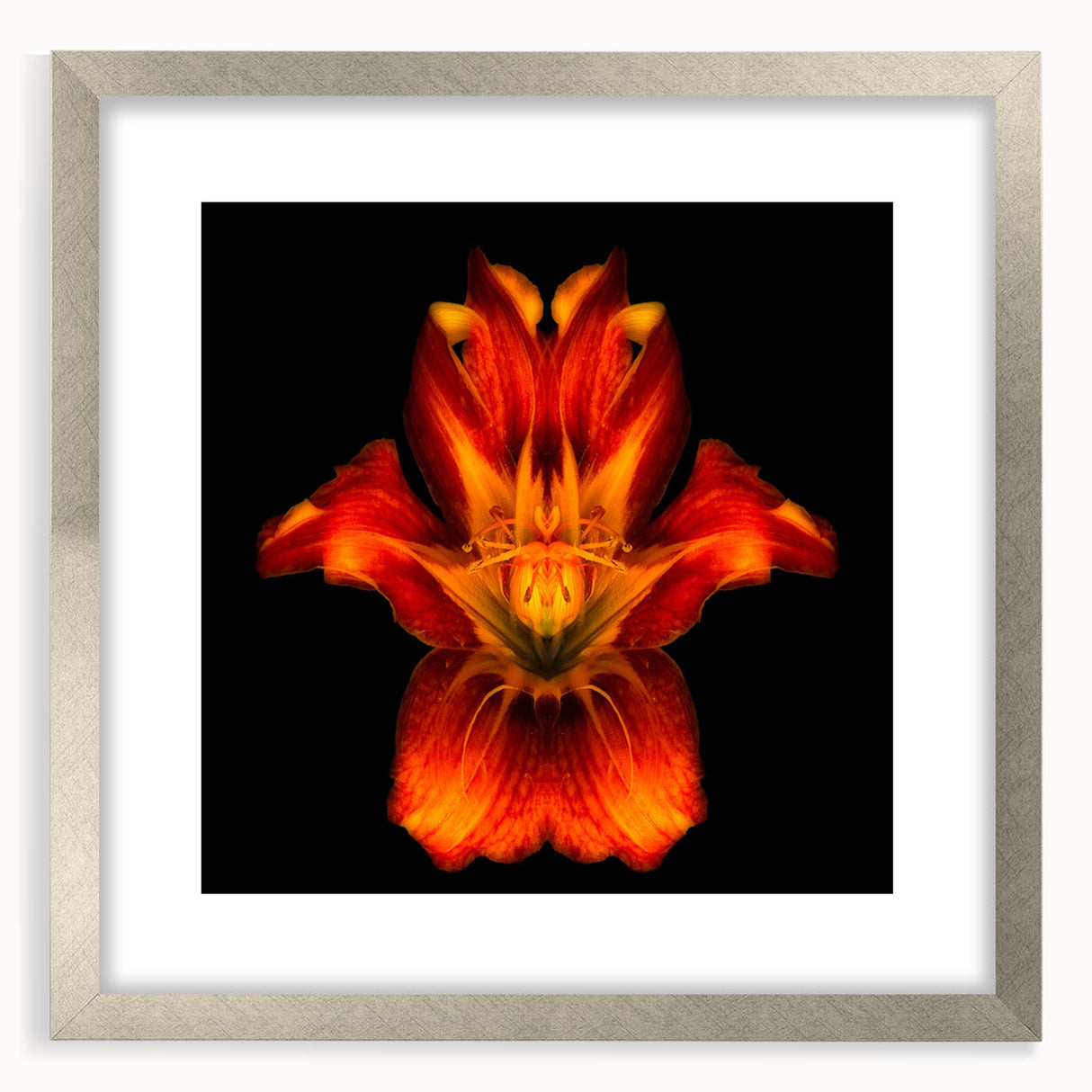 Framed botanical wall art featuring an elegant lily design in soft pastel colors, set in a sleek silver frame with a mat, perfect for home decor. Ideal for floral art enthusiasts seeking a sophisticated touch to their interior design.