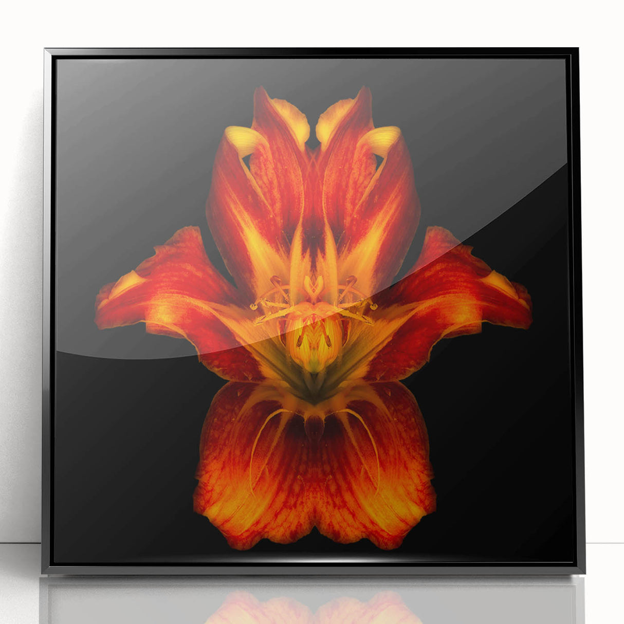 Framed acrylic wall art featuring a botanical lily design with vibrant colors, set against a sleek black frame, ideal for modern home decor and floral enthusiasts.