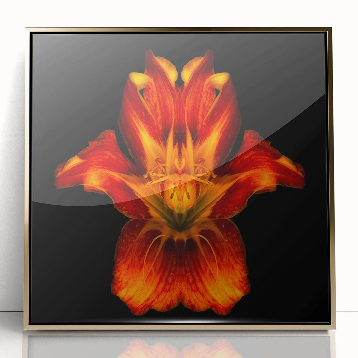 Framed botanical wall art featuring a vibrant gold-accented lily design on acrylic, showcasing intricate details, ideal for modern home decor.